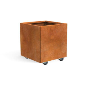 lille cortenstål plantekasse på hjul