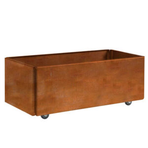 plantekasse i rustjern med hjul til terrassen