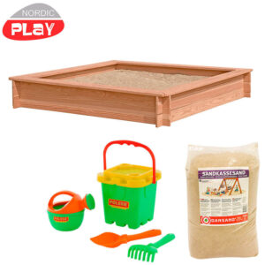 Træ sandkasse inklusiv sand og legetøj