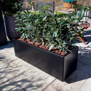 plantekasse i sort jern med hjul